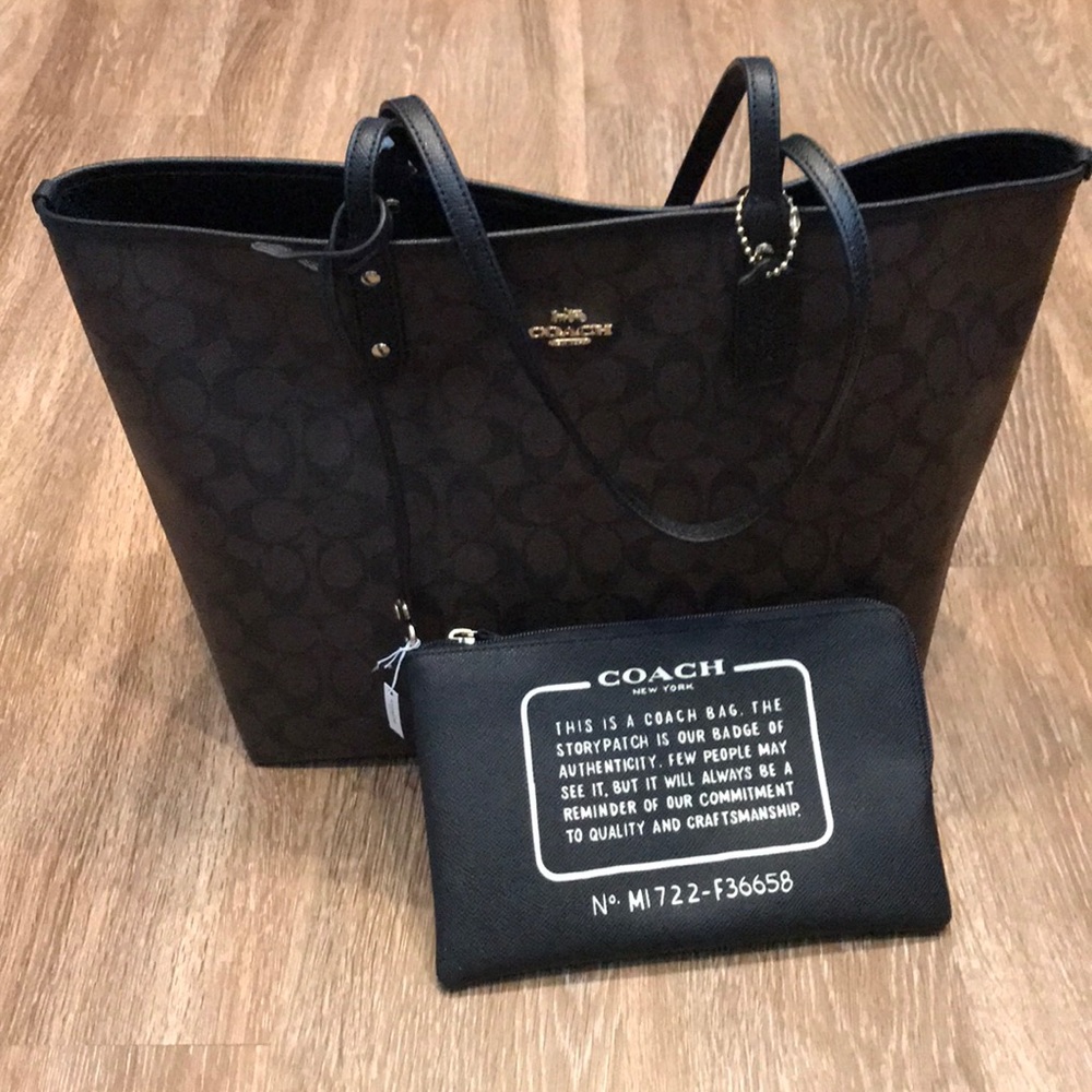 Coach Brown Signature Canvas Tote with Black Trim - Picture 2 of 15